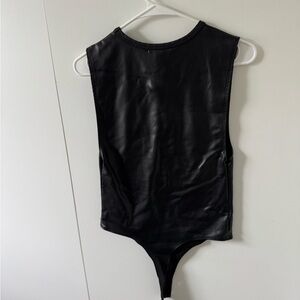 Black Sleeveless faux leather pleather Bodysuit fitted